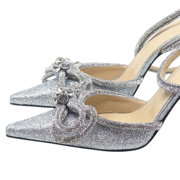 NIB MACH & MACH Double Bow Crystal Glittered Silver Pointed Toe Pump Size 38.5 - Picture 5 of 16
